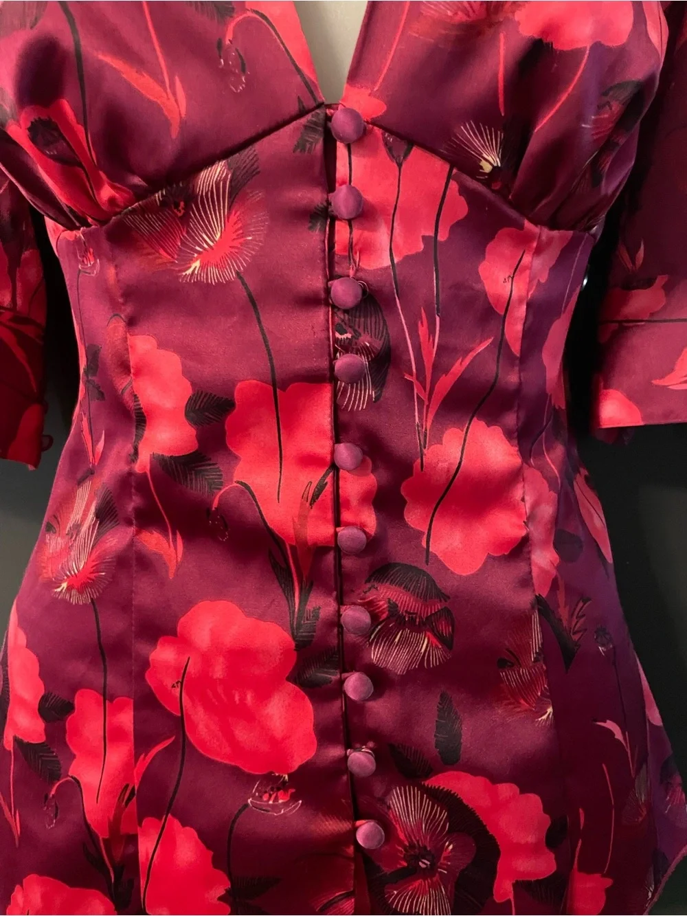 Guess Adele Floral Satin Peplum Top Blouse Women’s Small Wine Red Cocktail